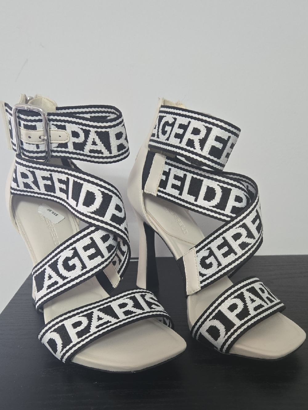 Karl Lagerfeld White and Black Logo Wrap Stiletto Heels